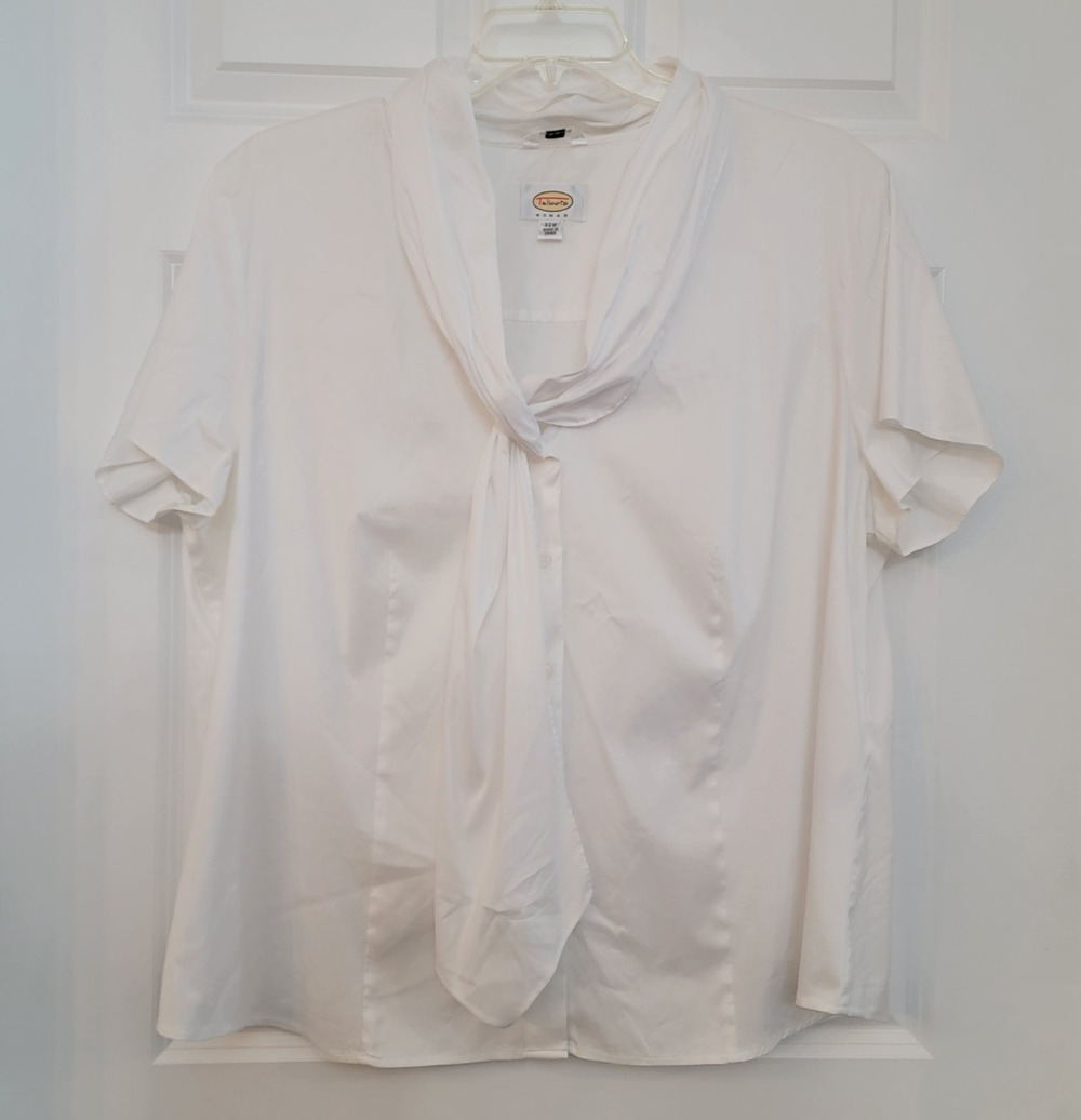 Vintage Y2K Talbots Woman 22W White Tie Neck Blouse Short Sleeve Button Front